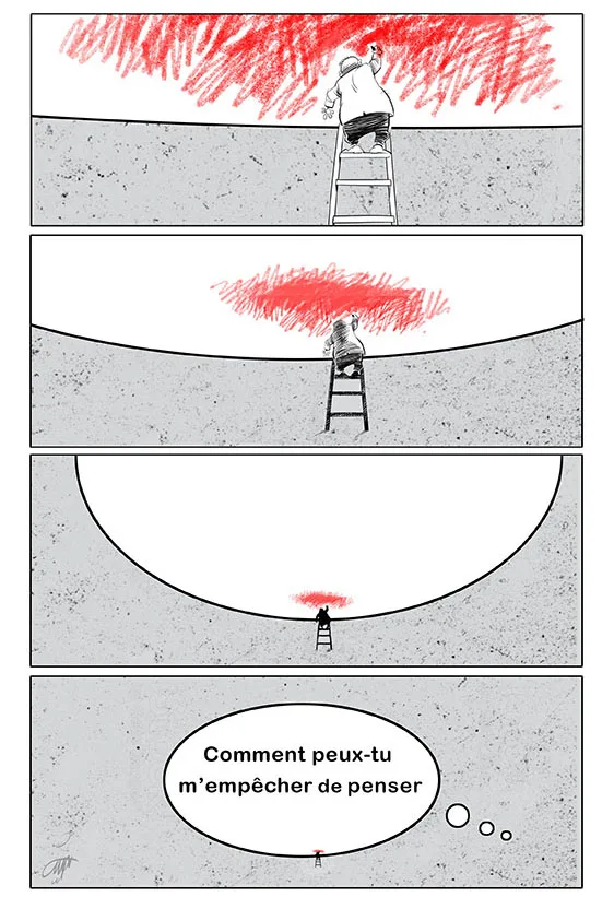 Bande dessinée — personnage peignant dans un espace circulaire fermé, Sana Hosseinpour