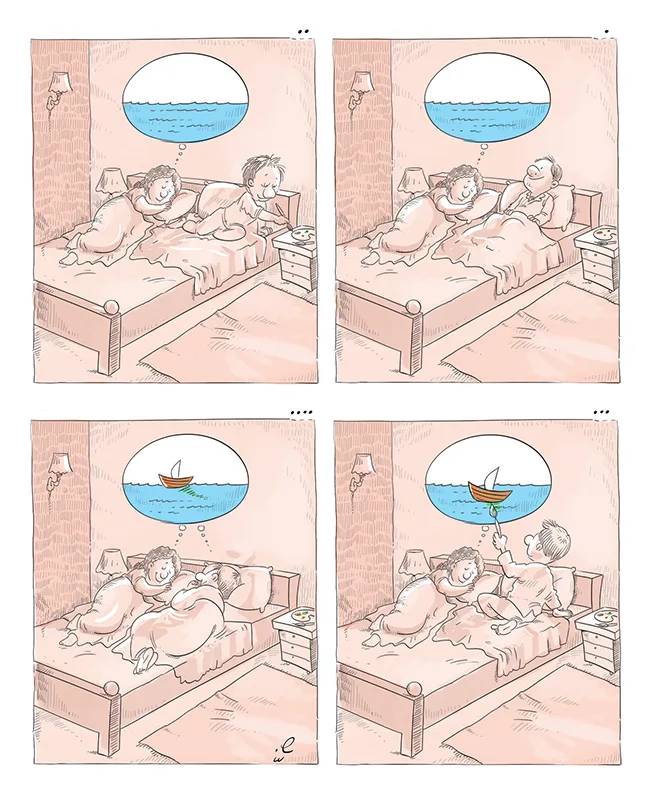 Bande dessinée — couple rêvant ensemble d'une traversée en mer, Sana Hosseinpour