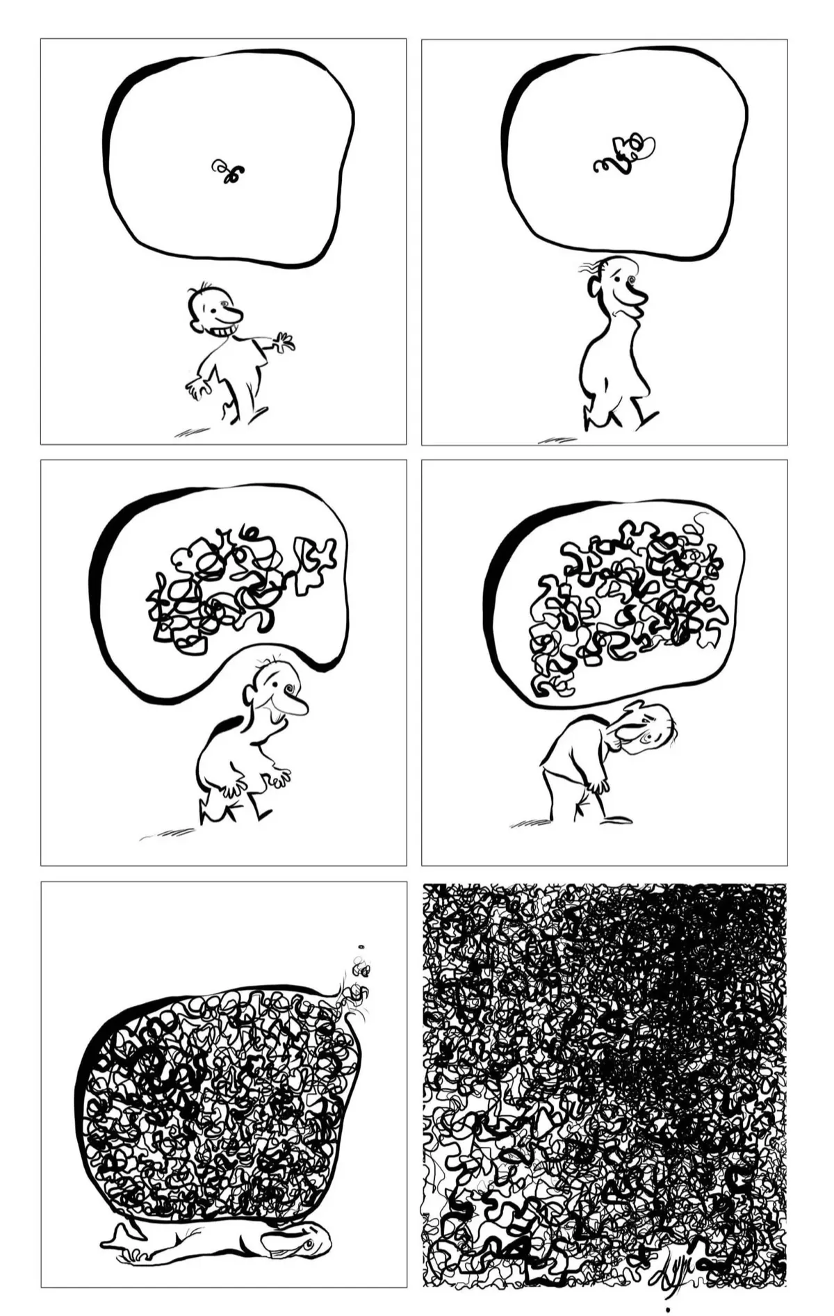 Bande dessinée — personnage portant un fardeau qui grandit jusqu'à l'étouffer, Sana Hosseinpour