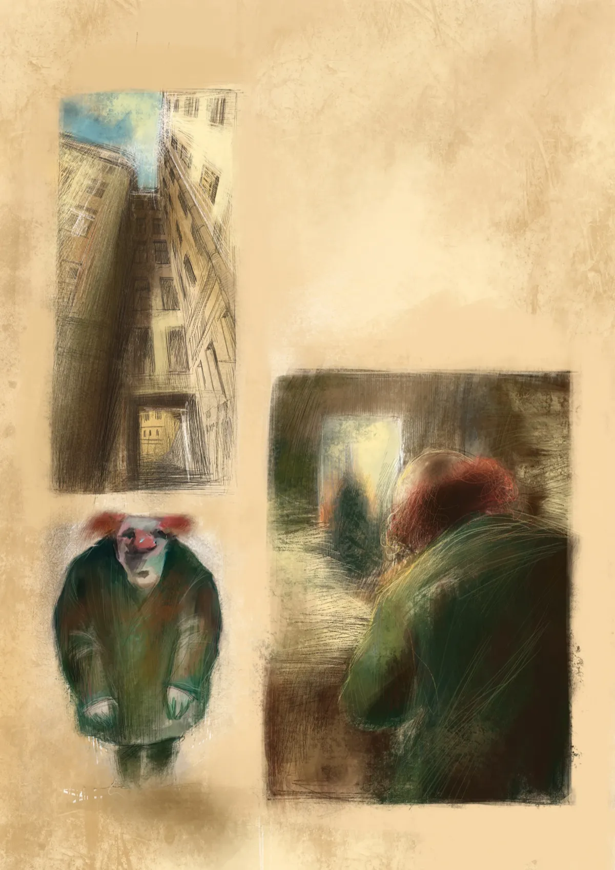 Illustrations — personnage solitaire dans une ville européenne, style roman graphique, Sana Hosseinpour