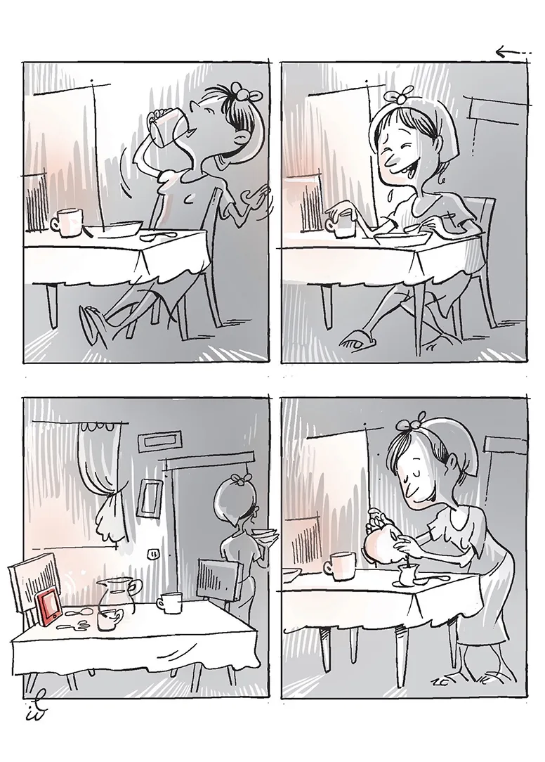 Bande dessinée — femme à table puis préparant le thé pour un invité, Sana Hosseinpour