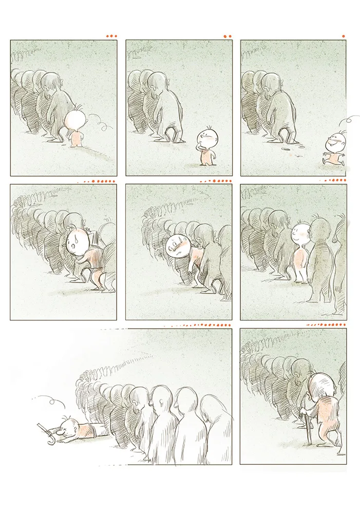 Bande dessinée — petite figure blanche résistant à la pression de la foule, Sana Hosseinpour
