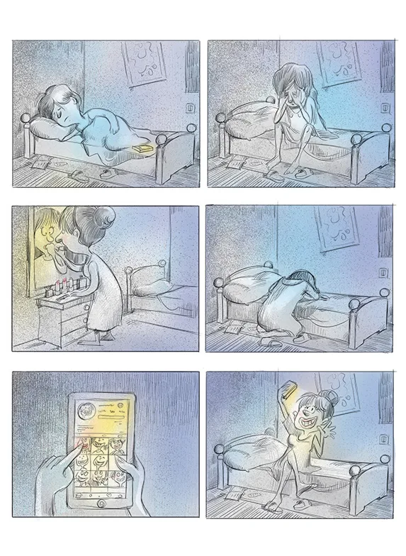 Bande dessinée — femme passant de la tristesse matinale à la joie grâce à son téléphone, Sana Hosseinpour