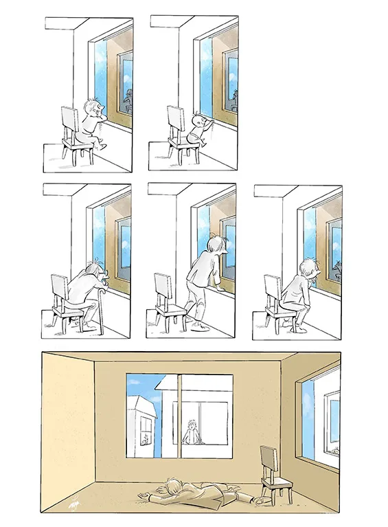 Bande dessinée colorée — artiste contemplatif face à sa fenêtre, Sana Hosseinpour