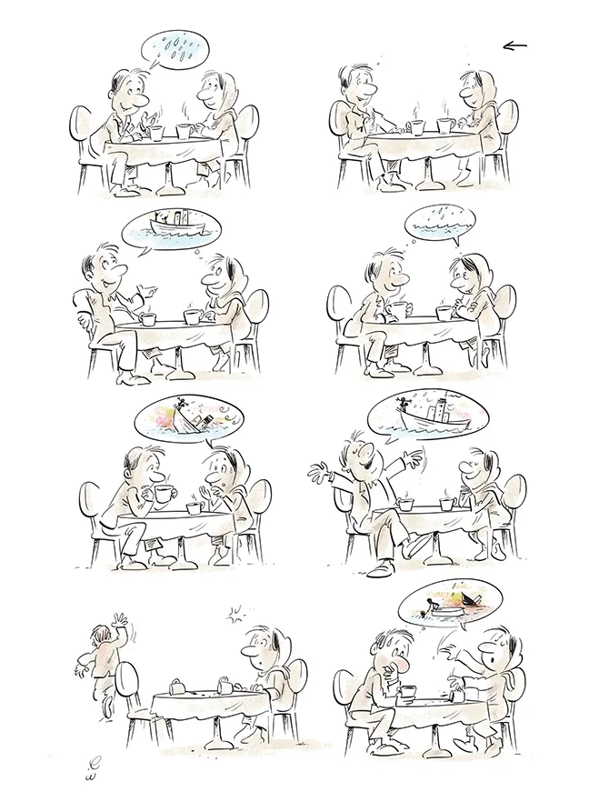 Bande dessinée — deux personnes au café imaginant la même histoire différemment, Sana Hosseinpour