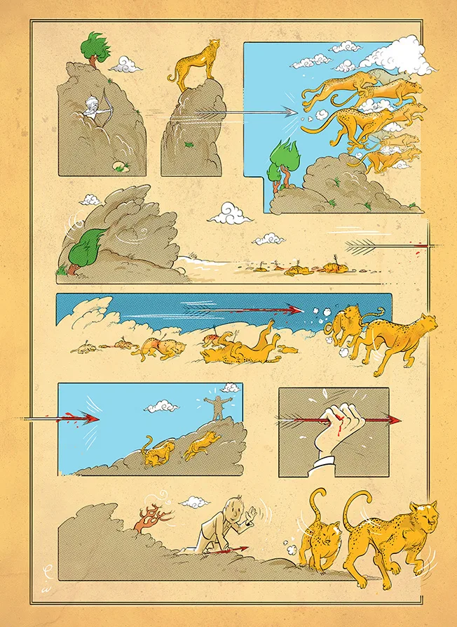 Bande dessinée — archer protégeant des guépards, histoire de conservation, Sana Hosseinpour