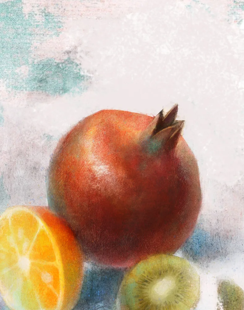 Nature morte — grenade, orange et kiwi — aquarelle, Sana Hosseinpour