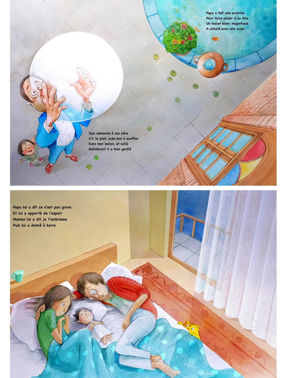 Illustrations jeunesse — scènes de tendresse familiale, livre illustré en français, Sana Hosseinpour