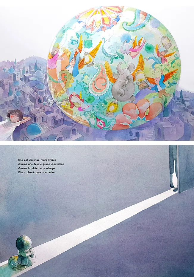 Illustrations jeunesse — enfant et ballon magique au-dessus d'une ville ancienne, Sana Hosseinpour