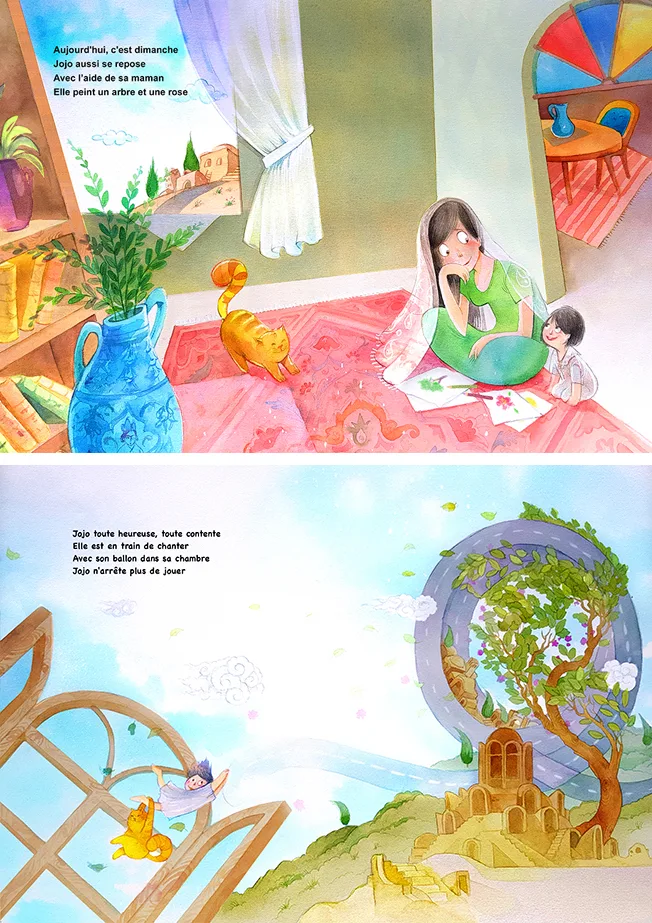 Illustrations jeunesse — Jojo et sa maman peignant ensemble le dimanche, Sana Hosseinpour