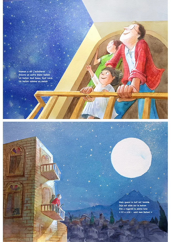 Illustrations jeunesse — famille contemplant le ciel étoilé depuis un balcon, Sana Hosseinpour