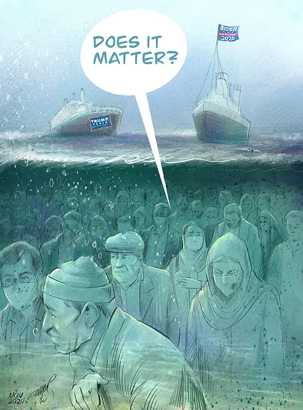 Illustration éditoriale — foule sous l'eau observant des navires en surface, Sana Hosseinpour