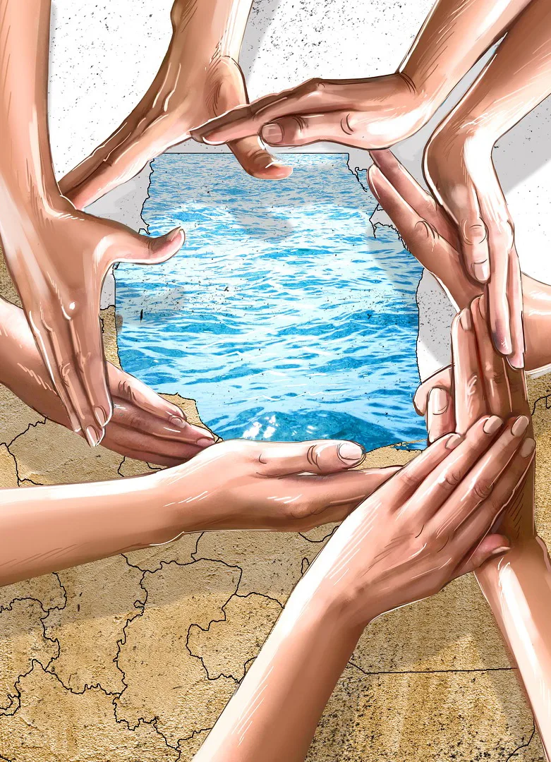 Illustration — mains unies formant un cercle autour d'une source d'eau, Sana Hosseinpour