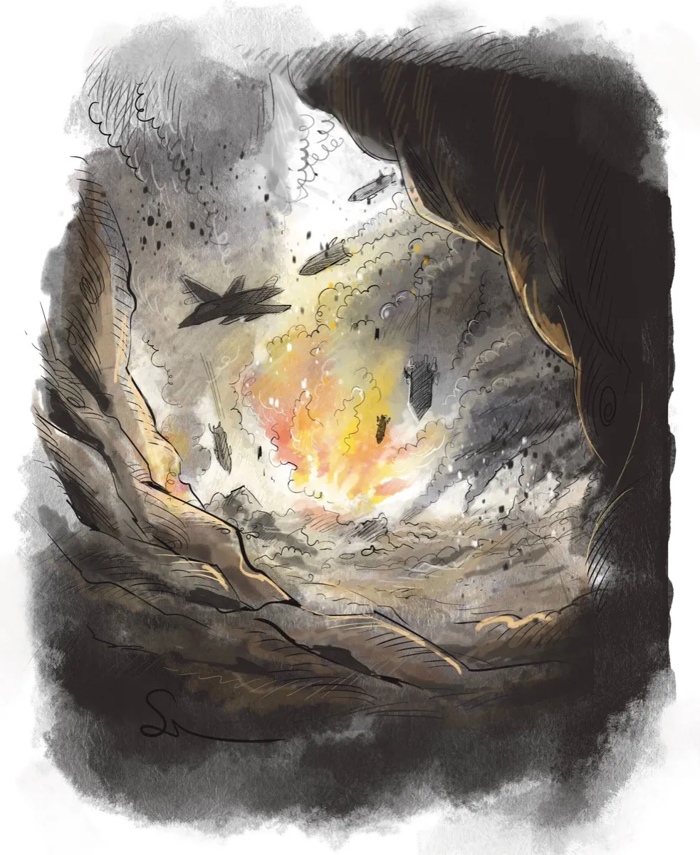 Illustration — paysage de guerre vu depuis une grotte, Sana Hosseinpour